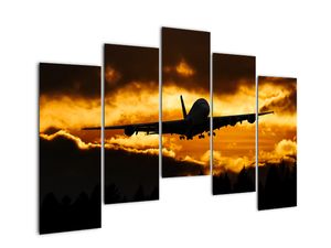 Přistávající letadlo při západu slunce - obraz